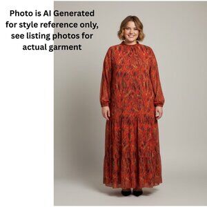BURUN Maxi Tier Long Sleeve Woven Dress Dark Orange/Brown Leaf Print Size 20